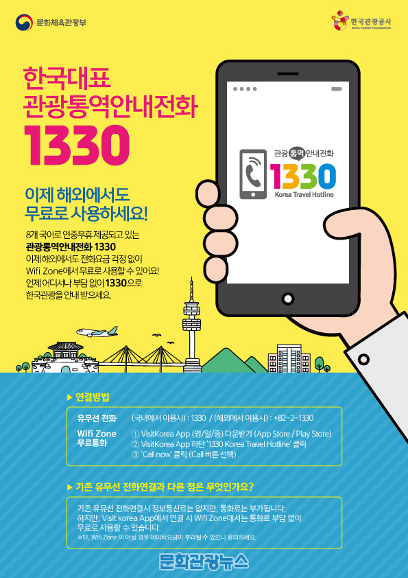 한국관광공사, 1330관광통역안내전화 무료통화 서비스 실시